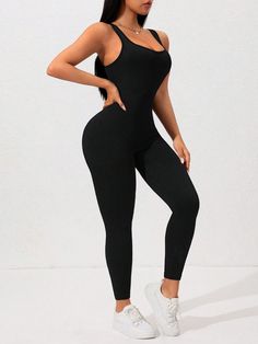 Details:Backless \nDetails:Criss Cross \nType:Jumpsuit \nFeatures:Seamless \nActivity:Yoga & Studio \nWaist Line:High Waist \nFit Type:Regular Fit \nNeckline:Scoop Neck \nPattern Type:Plain \nSleeve Length:Sleeveless \nLength:Cropped \nColor:Black \nBody:Unlined \nFabric:High Stretch \nMaterial:Fabric \nComposition:90% Polyamide \nComposition:10% Elastane \nCare Instructions:Hand wash,do not dry clean \nSheer:No \n Sports Jumpsuit, Yoga Studio, Wide Straps, Criss Cross, Scoop Neck, High Waist, Jumpsuit, Dry Clean, Hand Wash