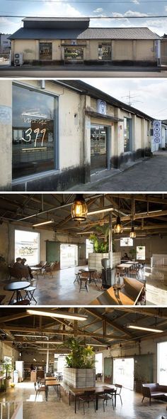 the inside and outside of an industrial building with tables, benches and chairs in it