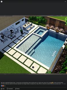 an aerial view of a pool and patio area in the middle of a yard with furniture