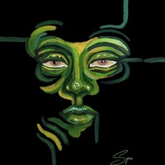 a painting of a woman's face with green hair and eyes painted on black paper