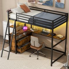 a loft bed with a desk underneath it and drawers below the bed is an office chair