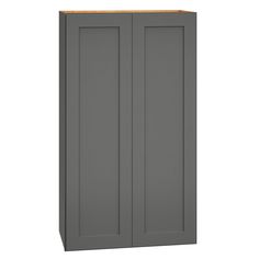 a gray cabinet with two doors on the side