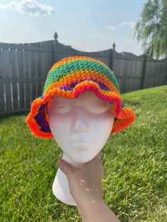 Hand Crocheted Rainbow Bucket Hat  Teen and Adult Sized *not tightly fitted  Great for summer looks, Pride, festivals, etc Multicolor Yarn Bucket Hat With Curved Brim, Multicolor Crochet Bucket Hat For Festivals, Spring Crochet Multicolor Bucket Hat, Rainbow Crochet Bucket Hat, Multicolor Hand-knitted Spring Bucket Hat, Hand Crochet, Summer Looks, Bucket Hat, Caps Hats