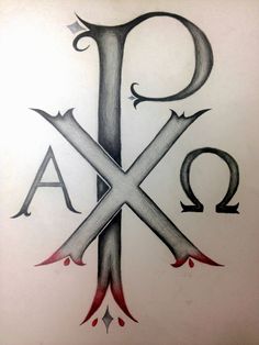 the letter q is drawn in black and white ink with red trimmings on it