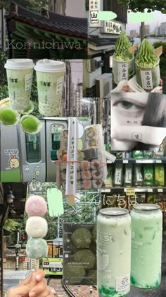 the collage shows many different things in this photo, including green drinks and ice creams