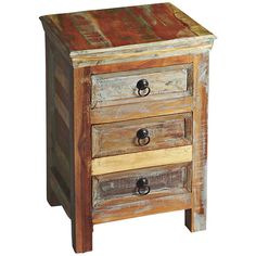 Distressed finish accent chest. Multicolor distressed finish. Crafted from selected solid woods and wood products. Choice wood veneers on top, drawer fronts and sides. Two drawers feature generous storage space. Metal hardware. Moderately distressed surfaces. 15 3/4" wide. 12" deep. 24 1/4" high. Assembly required.  This rustic 3-drawer accent chest lends character and charm to any living area with a multi-color distressed finish over choice wood veneer. Three drawers offer ample hidden storage that's an ideal complement to your sofa or favorite recliner.  Shop all Butler Reclaimed Wood Nightstand, Accent Chests, Accent Chests And Cabinets, Accent Chest, Decor Guide, Recycled Wood, Accent Furniture, Rustic Home Decor, Indore