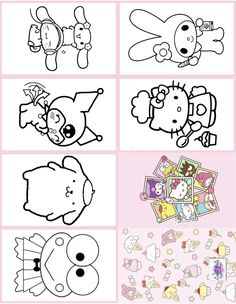 four different pictures of cartoon animals and their names in black and white, with pink background