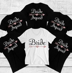 six bride shirts with arrows and the words bride squad in black, white and pink