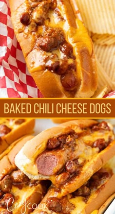 baked chili cheese dogs in buns with ketchup and mustard