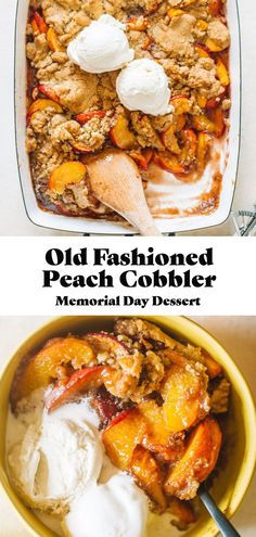 an old fashioned peach cobbler is served in a yellow bowl with ice cream on top