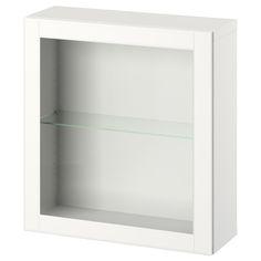 an empty white cabinet with glass shelves on the front and bottom shelf, isolated against a white background