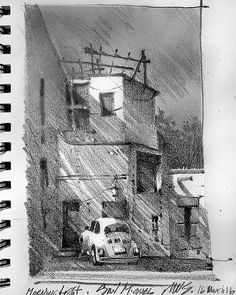 a pencil drawing of a car parked in front of a building with an antenna on top