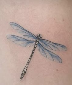 a blue dragonfly tattoo on the back of a woman's stomach is shown