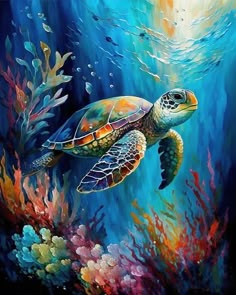 a painting of a sea turtle swimming in the ocean with corals and other marine life