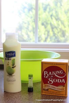 the ingredients for baking soda are on the counter next to an empty bowl and bottle