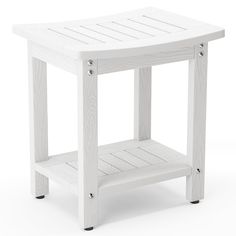 a white wooden side table with one shelf on the bottom and two shelves below it