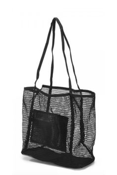 black netted beach tote bag, bottom of bag is enforced and there is a black internal side pocket Rectangular Bags With Mesh Pockets For Everyday Use, Summer Mesh Shoulder Bag For Everyday Use, Black Beach Bag For Beach Season, Summer Bags With Mesh Pockets For Daily Use, Black Tote Beach Bag For Vacation, Summer Daily Use Bag With Mesh Pockets, Summer Bags With Mesh Lining For Daily Use, Summer Daily Use Mesh Shoulder Bag, Summer Travel Bags With Mesh Lining