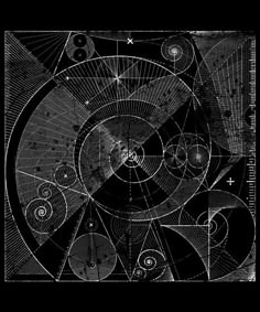 an abstract black and white image with circles, stars, and other objects in the center