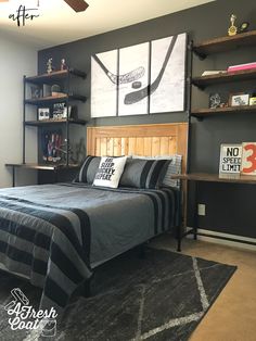 a bed room with a neatly made bed and shelves