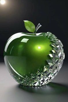 an apple shaped glass object with a leaf on top