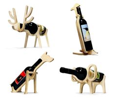 the wine bottle holder is made out of wood and has a deer design on it