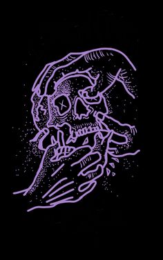 a purple drawing of a skull on a black background