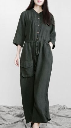 Fitted Tea Green Button Drawstring Fall Women Linen Jumpsuit Pants Fit Tea, Jumpsuit Fall, Tea Green, Stylish Pants, Plaid Fashion, Pants Casual