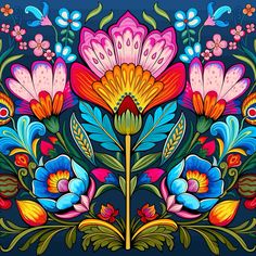 a painting of flowers and leaves on a dark blue background, with the colors of different colors