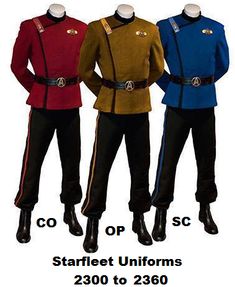 three mannequins dressed in uniforms with the words star trek uniforms below them