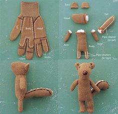 the instructions for how to make a knitted teddy bear with gloves and mittens