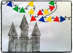 a drawing of a castle surrounded by colored arrows