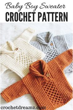 three knitted sweaters with text overlay that says crochet pattern free blanket