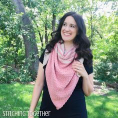 woman wearing a crochet triangle scarf Crochet Triangle Scarf Pattern, Triangle Shawl Crochet Pattern, Crochet Lacy Scarf, Triangle En Crochet, Triangle Shawl Crochet, Triangle Scarf Crochet Pattern, Crochet Triangle Shawl, Crochet Triangle Shawl Pattern, Lacy Scarf