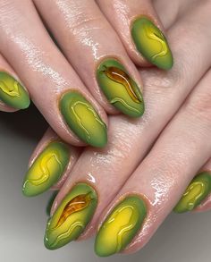 Maximalist Nail Ideas + Inspiration 🎀 Artist: Cristinavnails on Instagram (linked as well) Nail Ideas Green Short, Two Color Nails Ideas Simple, Spooky Mushroom Nails, Honey Inspired Nails, Shrek Inspired Nails, Simple Creative Nails, Birth Of Venus Nails, Trippy Fall Nails, Autumn Mushroom Nails