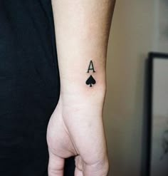 a person with a tattoo on their wrist holding a playing card in the other hand