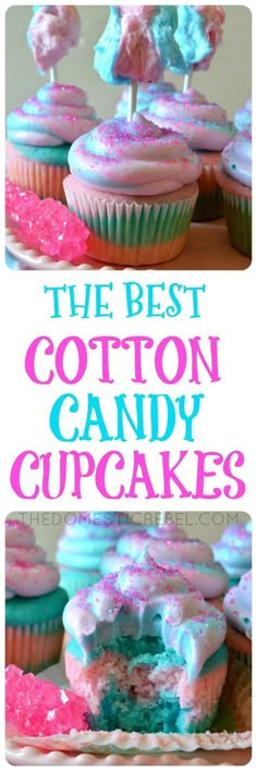 These Cotton Candy Cupcakes are so delicious and the BEST I've tried! Moist and fluffy cotton candy-flavored cupcakes topped with a swirl of pastel cotton candy buttercream and fluffy cotton candy pop! Perfect for any occasion such as kids parties, bake sales, and more, and SO EASY! Pastel Cotton Candy, Cotton Candy Cupcakes, Candy Cupcakes, Unique Cupcakes, Cotton Candy Flavoring, Candy Cupcake, Torte Cupcake, Banoffee Pie, Cupcake Flavors