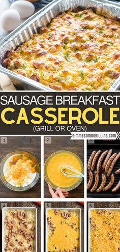 sausage breakfast casserole recipe collage with six different pictures and text overlay