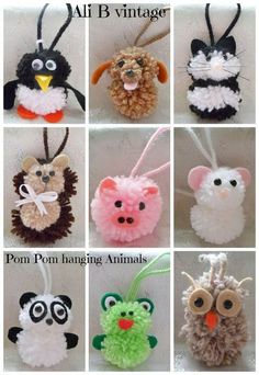 several different types of stuffed animals hanging from strings