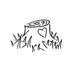 a black and white drawing of a tree stump with a heart on it's top