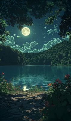 a full moon is shining over a lake with flowers in the foreground and mountains in the background