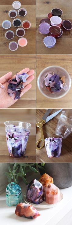 there are many different pictures of food being made in plastic cups on the counter top