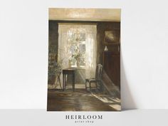 a painting of a room with a table and chair next to a window that reads, heiroom