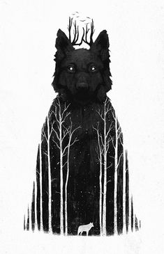 a black and white image of a wolf in the woods with trees on it's back