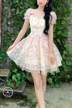 Short Sleeve Vintage Floral Mini Dress – Nada Outfit Land Pink Flowery Dress Outfit, Pink Fantasy Dress Short, Flower Dress Aesthetic, Dress Cute Outfits, Girly Dresses