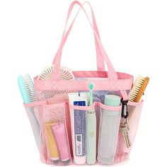 a pink tote bag filled with personal care items