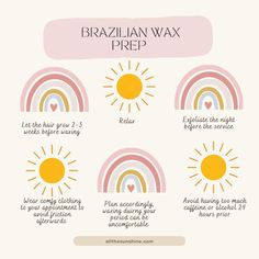 A guide to Brazilian Wax Prep. Use this bright, and fun design template that is fully editable using a free Canva account.  You will receive a PDF document with a link to the download. You can then edit colors, text, fonts, rearrange design and add or remove elements all for free within Canva.  You cannot edit and resell or share with people that did not purchase. IMPORTANT INFORMATION: All The Sunshine name and logo is not included in this purchase, you must use your own business name. Copyrigh Brazilian Wax Tips, Esthetician Tips, Esthetician Inspiration, Waxing Room, Wax Studio, Waxing Tips, No Shave November, Dreams Spa