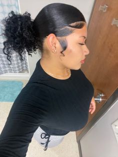 High Bun With Edges, Slickback Bun, Short Slicked Back Hair, Big Edges, Curly Hair Side Part, Fluffy Edges, Dramatic Edges, Side Pic, Curly Hair Ponytail