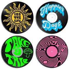 four different colored vinyl records with the words happy day and sun on them, all in black