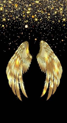 two golden angel wings against a black background with gold glitters and sparkles in the air