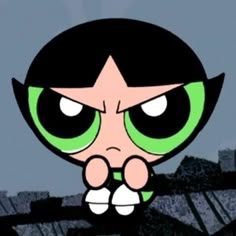 the powerpuff girl cartoon with green eyes and black hair is staring at something